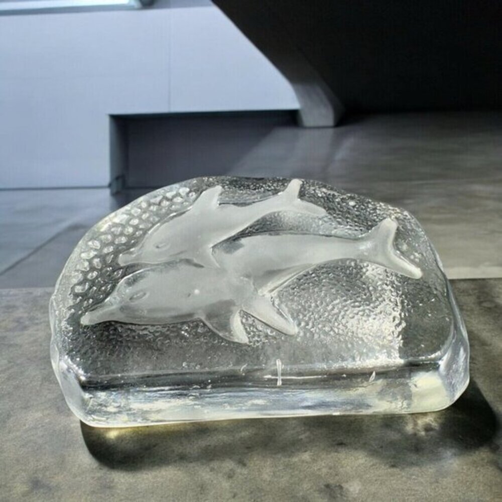 Vintage Clear Glass Dolphin Figurine Paperweight Flat Side Frosted Double Sided